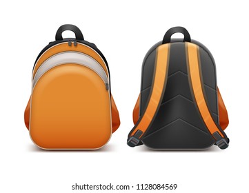 Backpack back bag rucksack for school or student in front and back side view vector realistic illustration isolated on white background