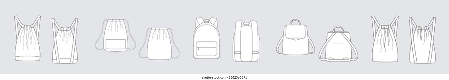 Backpack bag assets vector template isolated on grey. Apparel models sketch set. Outline for fashion clothes design. Front and back view.	