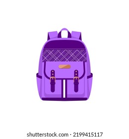 Mochila de mochila o mochila de mochila, maleta morada o bolso de escuela, icono de vector plano. Mochila moderna para niñas o mujeres o mochila para niños y mochila para equipaje de viaje con bolsillos