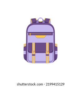 Mochila o mochila, mochila escolar o mochila, icono de vectores planos. Bolsa de equipaje aislada o mochila de estudiante o niña, camping lilac y mochila deportiva de senderismo o mochila con bolsillos