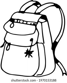 Backpack bag briefcase for kids for school travel. Doodle sketch drawing graphic illustration line trendy things print isolated elements on white background