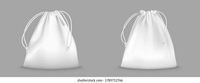 Backpack bag with drawstrings isolated on transparent background. Vector realistic mockup of school pouch for clothes and shoes, white full sport knapsacks with strings