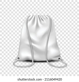 Backpack bag with drawstrings isolated on transparent background. Realistic mockup of school pouch for clothes and shoes, white full sport knapsacks with strings. Vector illustration