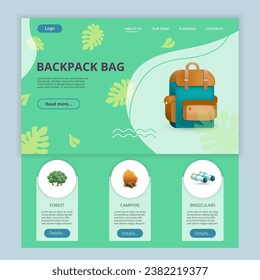 Backpack bag flat landing page website template. Forest, campfire, binoculars. Web banner with header, content and footer. Vector illustration.