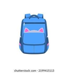 Backpack bag, kid schoolbag rucksack with blue and pink kitty pockets, vector flat icon. Kids girl school bag backpack with cat ears design, children casual handbag rucksack for kindergarten