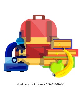 Backpack, bag of shoolboy, pupil, student concept set with microscope, apple, banana, books. School office supplies, stationery.Modern flat cartoons style vector illustration icons. Isolated on white 