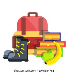 Backpack, bag of shoolboy, student concept set with black high boots, apple, banana, books. School office supplies, stationery. Modern flat cartoons style vector illustration icons. Isolated on white 