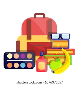 Backpack, bag of shoolboy, student concept set with food, paint, glue, palette, books, banana, glasses. School office supplies. Modern flat cartoons style vector illustration icons. Isolated on white