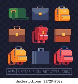 Backpack, bag, suitcase, carry-on bag, briefcase pixel art icons set. Isolated vector illustration. Design for logo and app.