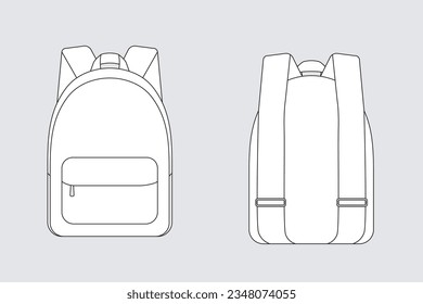 Backpack bag vector template isolated on white. Apparel models sketch set. Outline for fashion clothes design. Front and back view.