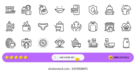 Backpack, Baggage and Baggage size line icons for web app. Pack of Waterproof, Marketplace, Online shopping pictogram icons. Wallet, Furniture, T-shirt signs. Discount, Market, Diamond. Vector