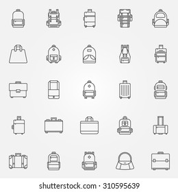 Backpack and bags icons - vector set of black thin line symbols