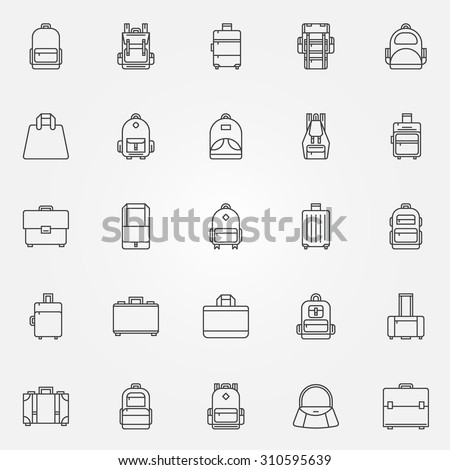 Backpack and bags icons - vector set of black thin line symbols