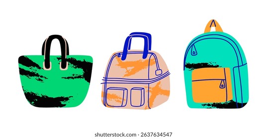 Backpack and bags for travel, school, sports. Vector clipart
