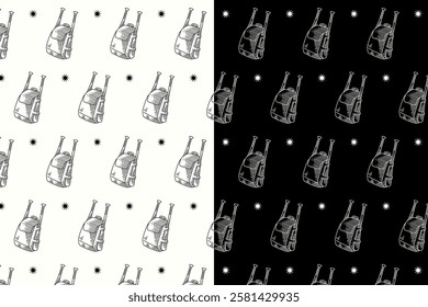 backpack with baseball bat doodle seamless pattern on black white background set. softball bag engraving pattern background. retro baseball bag with bats background for baseball sport club merchandise