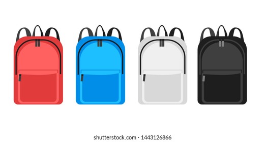 Backpack basic colors set  icon front veiw. Trendy modern universal simple bag for school, travel, kids, lifestyle teenager laggage. Red, blue white and black colors. isolated vector illustration