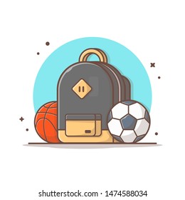 Backpack with BasketBall and Soccer Ball Vector Illustration. Sport Logo Icon. Back to School. Hobby. Flat Cartoon Style Suitable for Web Landing Page, Banner, Flyer, Sticker, Wallpaper, Background