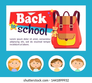 Backpack with bear trinket and school children avatars, back to school vector. Rucksack and toy, girls and boys, pupils or students accessory, paper plane