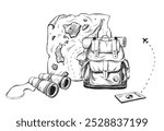 Backpack and binocular vector illustration in linear drawing style. Hand drawn drawing sketch of travel bag map and passport for adventure or camping on isolated background. For tourism trip or hiking