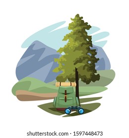 backpack and binoculars over mountains landscape and white background, colorful design, vector illustration