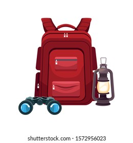 backpack with binoulars and lantern icon over white background, vector illustration