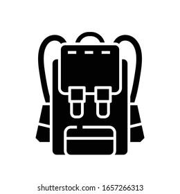 Icono negro de mochila, ilustración conceptual, símbolo plano vectorial, signo de glifo.