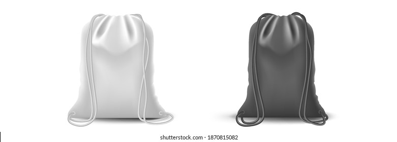 Backpack black mockup backpack bag. Drawstring isolated pouch on white background. Blank template with bags, vector mockup.