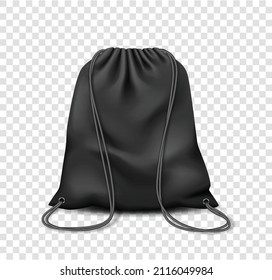 Backpack black mockup bag. Drawstring knapsack isolated pouch on white background. Blank template bag for sportswear or casual travel. Vector illustration