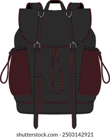 backpack black red leather piping drawstring sidepanel mesh web  buckels men fashion touring hiking inspired design shoulder bag