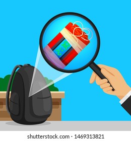 backpack and blast bomb of terrorist in the magnifying glass, black suitcase and explode a bomb dynamite with clock dial, backpack and magnifying glass with search detection blast concept