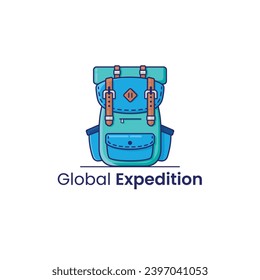 Backpack blue cyan color with line style logo, highlight and shadow detail, vector logo template, use for your design brand identity