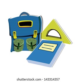 backpack blue, green squad and blue book. School supplies on white background
