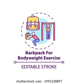Backpack for bodyweight exercise concept icon. Gym physical training alternative idea thin line illustration. Back and abdominal muscles. Vector isolated outline RGB color drawing. Editable stroke