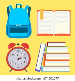 Backpack, book, alarm clock. The icons set. Kit for school and College. Vector illustration.