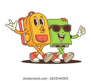 Backpack and book mascots walk together with arms around each other, smiling and radiating warmth and teamwork. Ideal for friendship, youth branding, or school community content. vector illustration