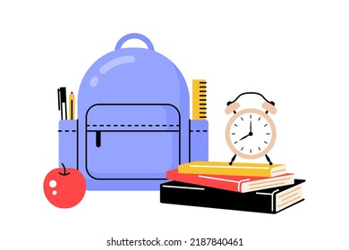 Backpack with books, alarm clock and apple. Modern vector illustration in flat style. Illustration back to school.