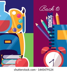 backpack books apple clock notebook color pencils back to school