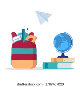 Backpack, books, calculator, pencils, ruler, globe. Vector illustration isolated on white background. Flat drawing style. Back to school.