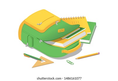 Backpack with books and school supplies in isometric isolated