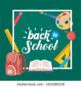 backpack with books and triangle rulers with art palette background