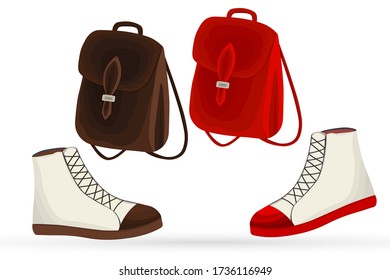 Mochila y botas en un estilo plano. Está equipado con bolsas de cuero y zapatos. Complemento de moda otoñal para alumno, estudiante, chica. Icono aislado. Estilo casual. Ilustración vectorial.