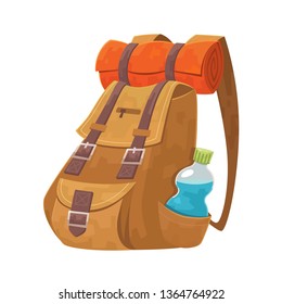 Backpack with bottle of water and camping carpet vector