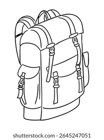 Backpack with buckles and pockets drawn in a simple line style. Represents adventure, travel gear, and outdoor exploration