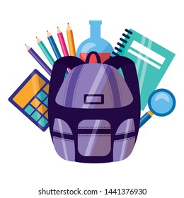 backpack calculator book pecils flask chemistry back to school vector illustration