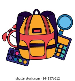 backpack calculator clock palette color back to school vector illustration