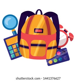 backpack calculator clock palette color back to school vector illustration