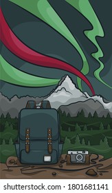 Backpack and camera in mountains and forest with nordic light