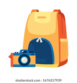 backpack with camera photographic isolated icon vector illustration design