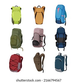 backpack camp set cartoon. travel bag, adventure outdoor, tourist mountain equipment, hiking knamsack backpack camp vector illustration