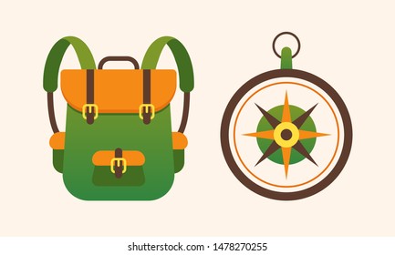 Backpack camp vector backpacking travel bag with tourist equipment with compass illustration isolated on white background